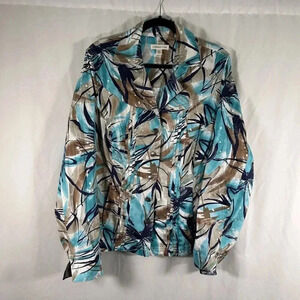 Coldwater Creek Jacket Women's W18 Blue White Print Snap Vneck Pocket Cotton Bld